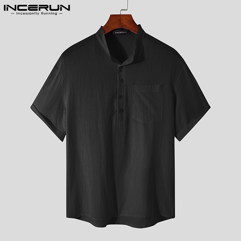 Áo sơ mi nam INCERUN tay ngắn cổ chữ V 4 màu trơn tùy chọn