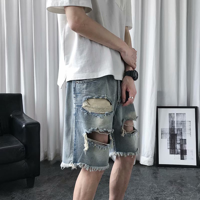 Quần Short Jean Ống Rộng Phong Cách Retro Hong Kong Cho Nam