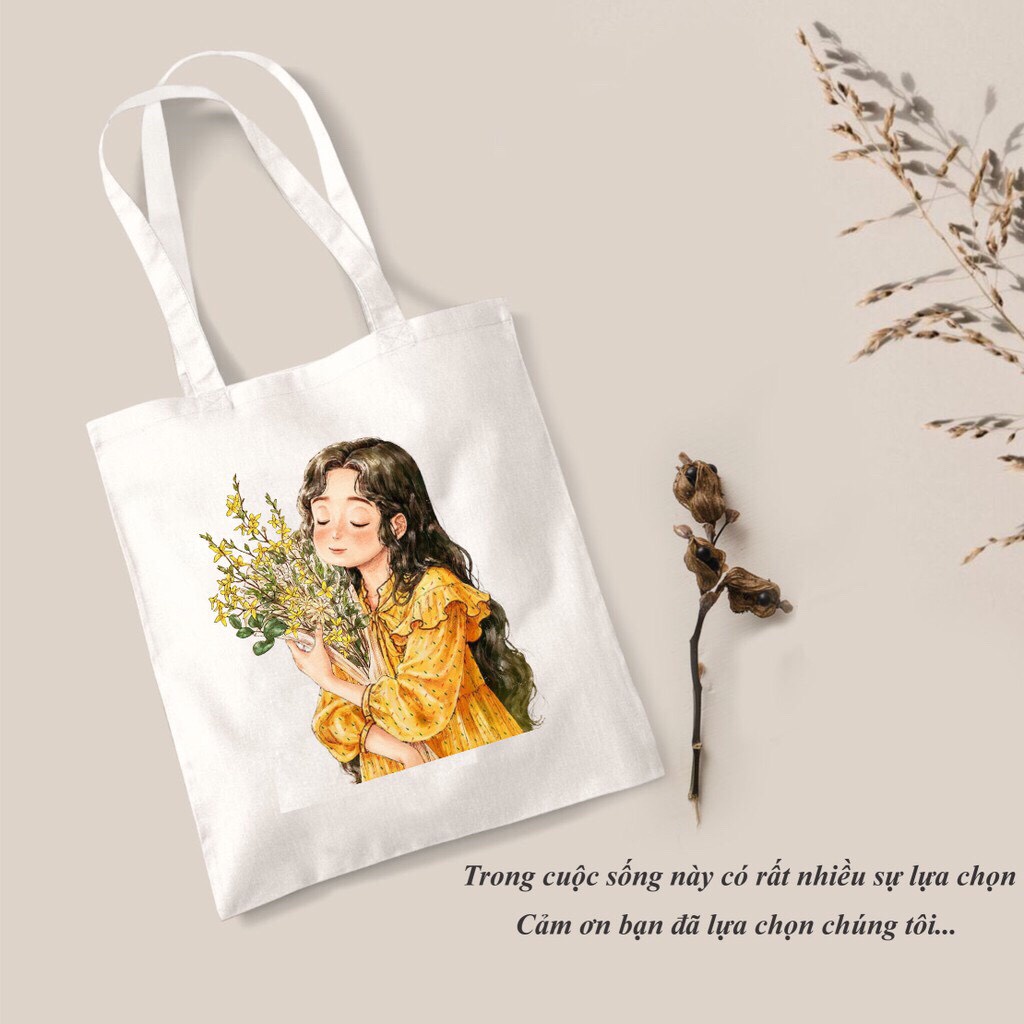 Túi tote vải canvas họa tiết cô gái dễ thương có khóa miệng