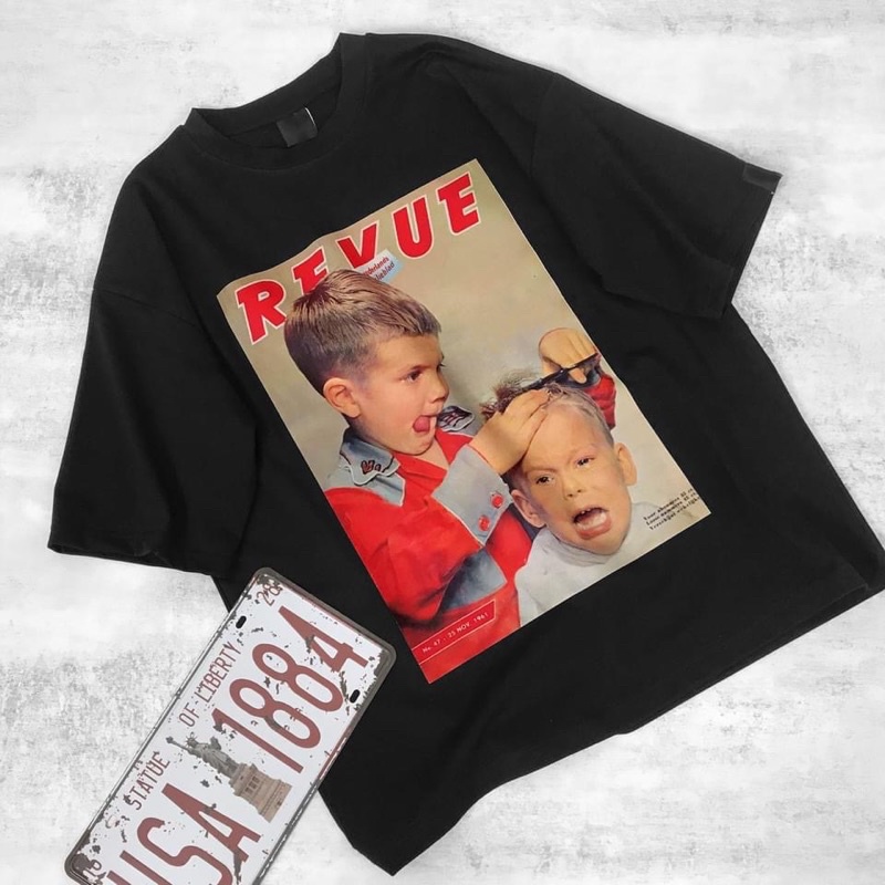 Áo thun tay ngắn hình 2 bé cắt tóc ngộ nghĩnh unisex cotton form rộng oversize nam nữ Black/White