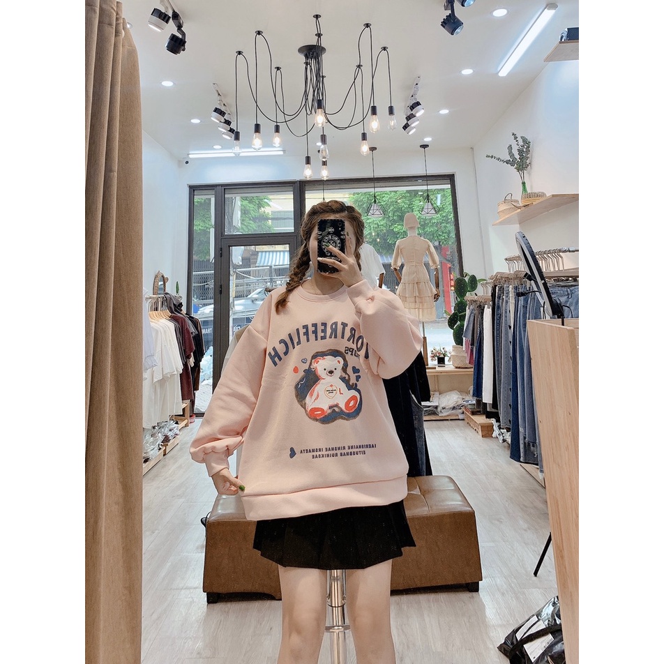 Áo nỉ sweater 2 màu hồng và be in hình gấu siêu xinh[Ảnh thật] | BigBuy360 - bigbuy360.vn