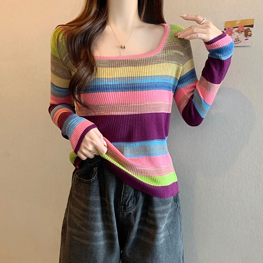 Áo dệt kim ZHELIHANGFEI tay dài dáng ôm họa tiết sọc màu cầu vồng dễ phối đồ thời trang