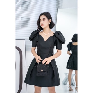 [J'aime Label] Đầm Đen Tay Phồng Cổ V Dáng Xoè