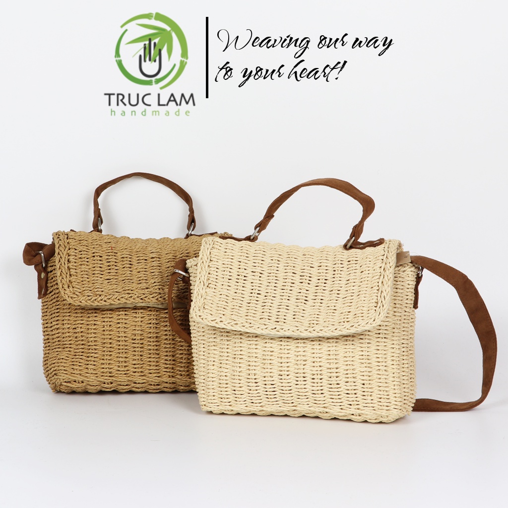 Túi Cói Đeo Chéo Thời Trang Nữ Màu Trơn Quai Da – Trúc Lâm Handmade