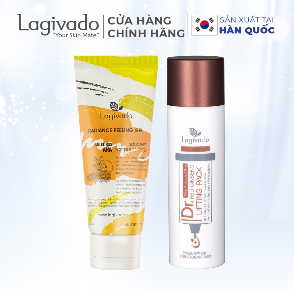 Bộ chăm sóc da mặt Hàn Quốc Lagivado Dr. Red Ginseng 50 ml và tẩy tế da chết Radiance Peeling 50 ml