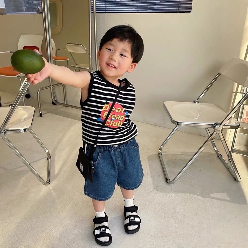 Áo Thun Không Tay Họa Tiết Kẻ Sọc Thời Trang Hàn Quốc Cho Trẻ Em Trai