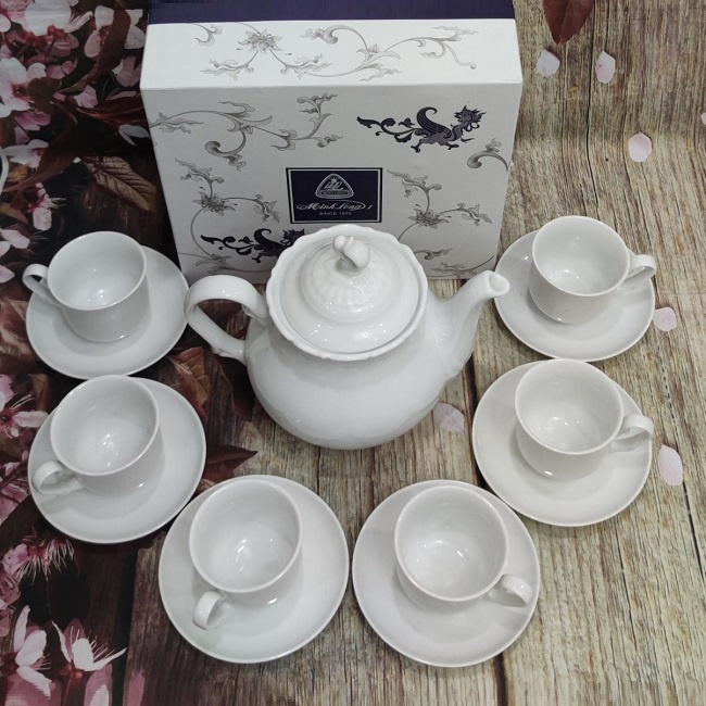 Bộ bình tách trà sứ trắng Minh Long - bộ bình trà sứ trắng Minh Long