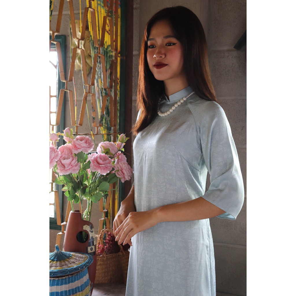 Áo dài may sẵn màu xanh mint, vải gấm form dáng rộng che bụng mềm mại dễ mặc, Áo dài Tumun