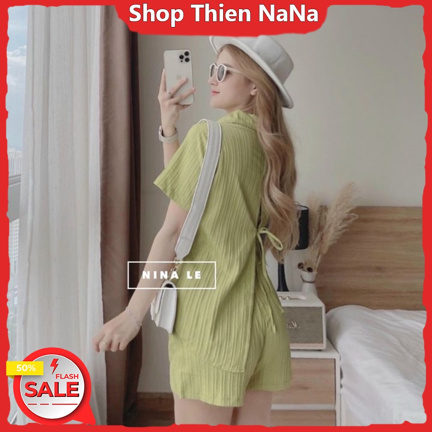 Set Bộ Nữ , Set Bộ Áo Sơ Mi Xẻ Lưng Có Dây Đan Chéo Chất Xô Gân Nổi Mix Quần Đùi Hàng Thiết Kế Chuẩn Shop