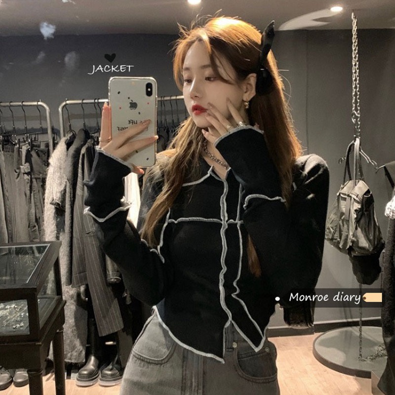 Áo thun COZOK dệt kim tay dài dáng ngắn thời trang dễ phối đồ