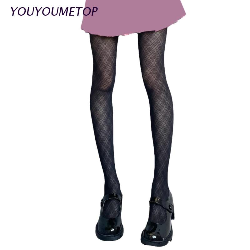 Quần tất lụa màu đen kẻ sọc caro hình thoi phong cách thời trang vintage quyến rũ cho nữ