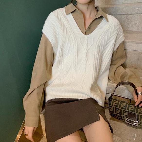Áo len nữ cổ chữ v không tay phong cách retro thu đông mới | BigBuy360 - bigbuy360.vn