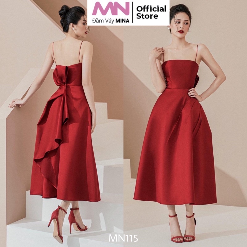 Đầm dự tiệc sang trọng MINA hai dây dáng xoè midi thiết kế nơ lưng quyến rũ màu đỏ đô vải Taffta lụa MN115