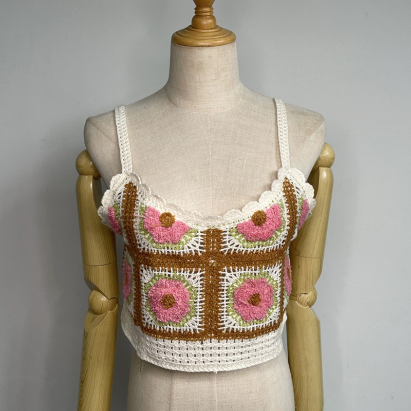 Áo Croptop Dệt Kim Hai Dây Họa Tiết Hoa Sắc Thời Trang Đi Biển Cho Nữ