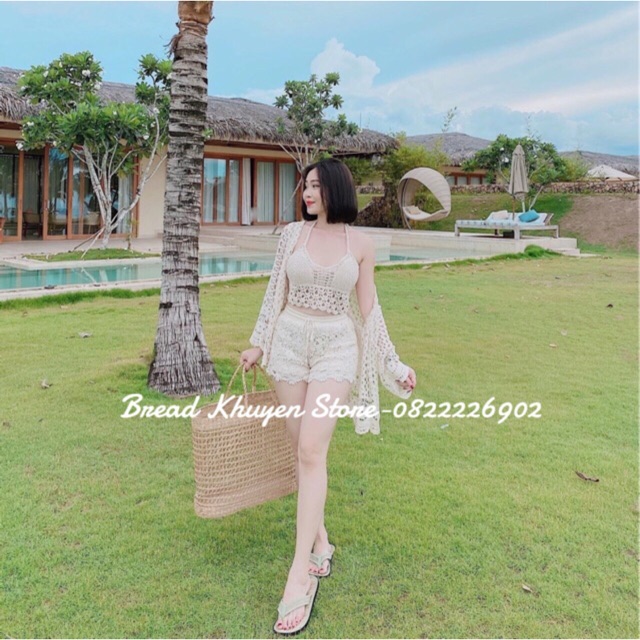 Set biển mới - set 3 món - áo bra vây cá + quần ren hoa đều + choàng ren hoa tay rộng