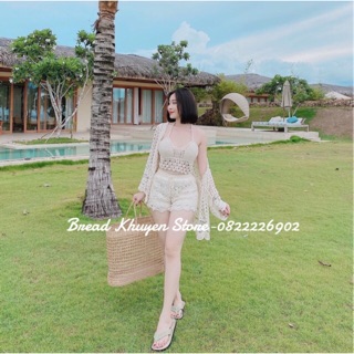 Set biển mới - set 3 món - áo bra vây cá + quần ren hoa đều + choàng ren hoa tay rộng (có tách rời)