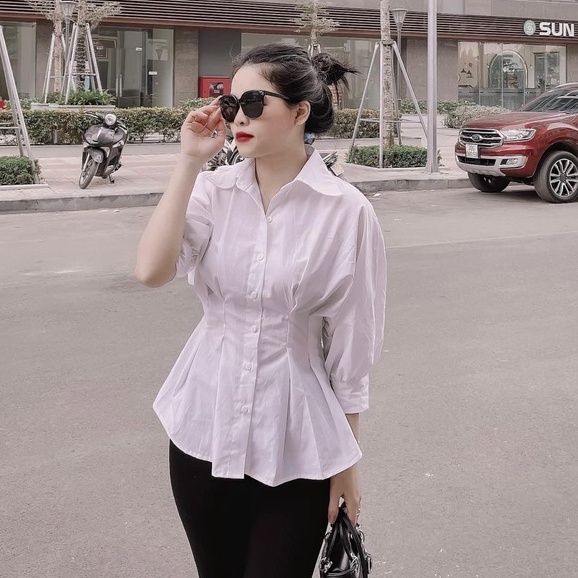 áo sơ mi nữ trắng công sở nhúm eo dáng xòe 1 màu đơn giản