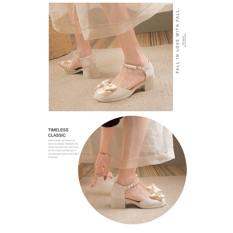 Giày Da Gót Dày Chống Trượt Đính Nơ Ngọc Trai Thời Trang Mùa Xuân 2022 Cho Nữ