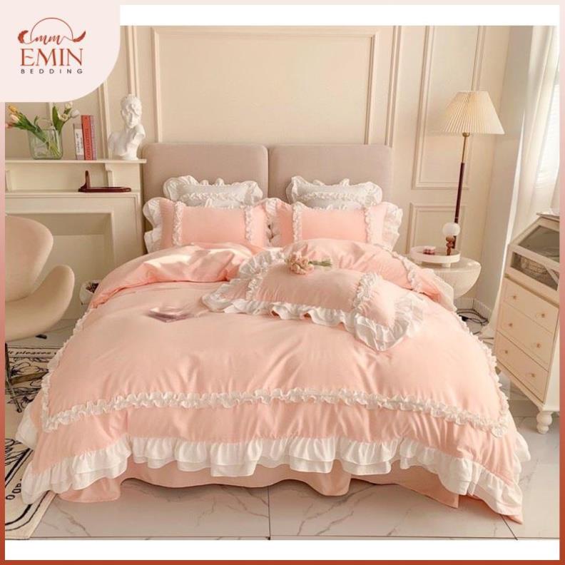 Bộ chăn ga gối cotton hoạt tính bèo ren 2 tầng kiểu dáng công chúa xinh xắn