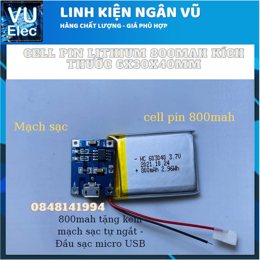 Pin Li-Po 3.7V 800mAh 603040 (Lithium Polymer) tặng kèm mạch sạc đầu Micro usb CÓ ĐÈN BÁO