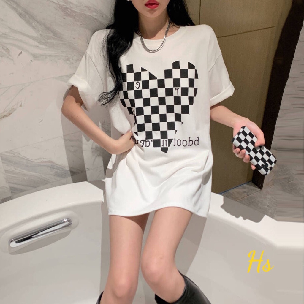 Áo Phông Trái Tim Ô Vuông Unisex 🦋 Áo Thun Nữ Cộc Tay Cổ Tròn Dáng Rộng In Hình 2 Màu 🦋