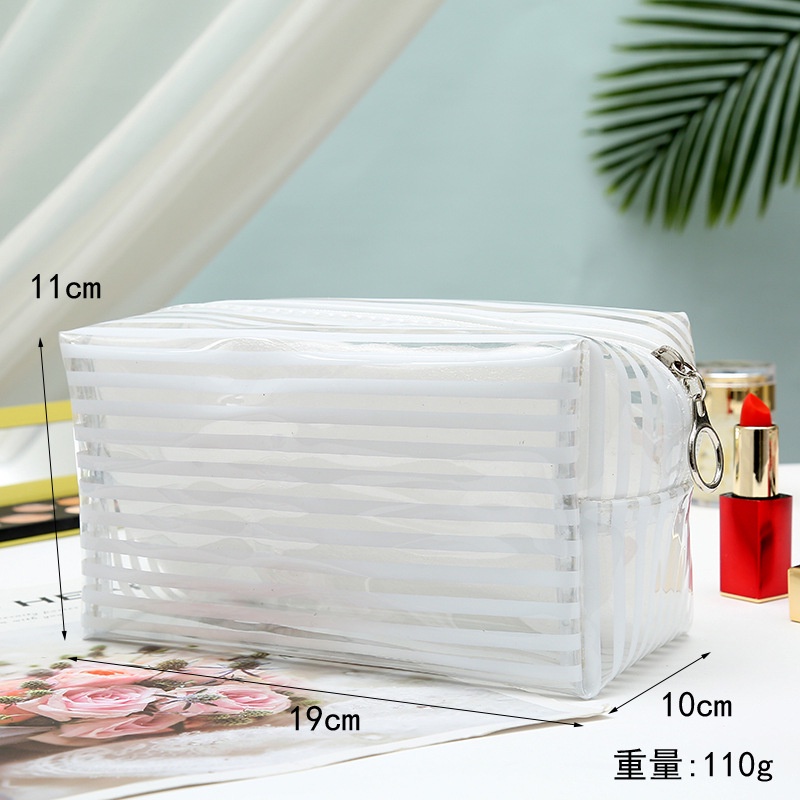 [Hàng mới về] Túi mỹ phẩm bằng PVC trong mờ cỡ lớn chất lượng thiết kế kẻ sọc