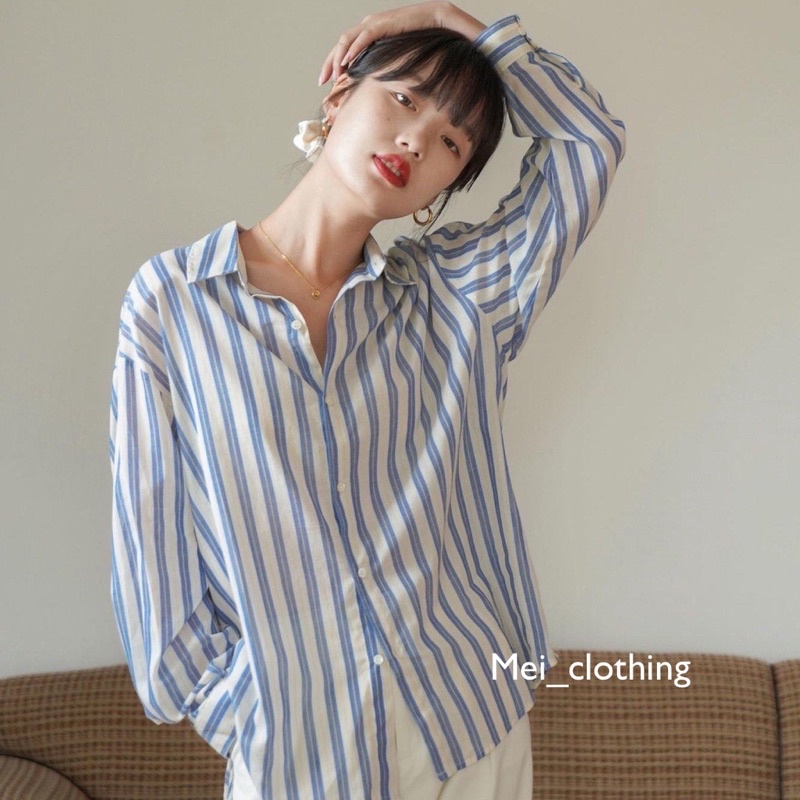 [Ảnh thật/video] Áo sơmi họa tiết Sọc Vằn Hàn Quốc/ sơ mi nữ kẻ sọc A35