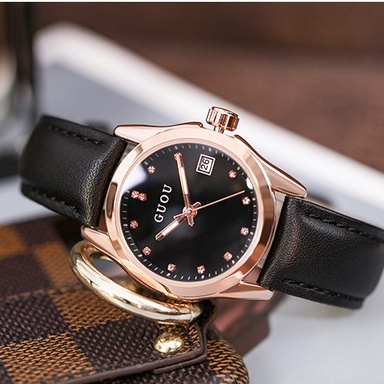 Đồng hồ nữ Guou dây da đen mặt số ngọc viền mạ vàng chính hãng chống nước giá rẻ | BigBuy360 - bigbuy360.vn