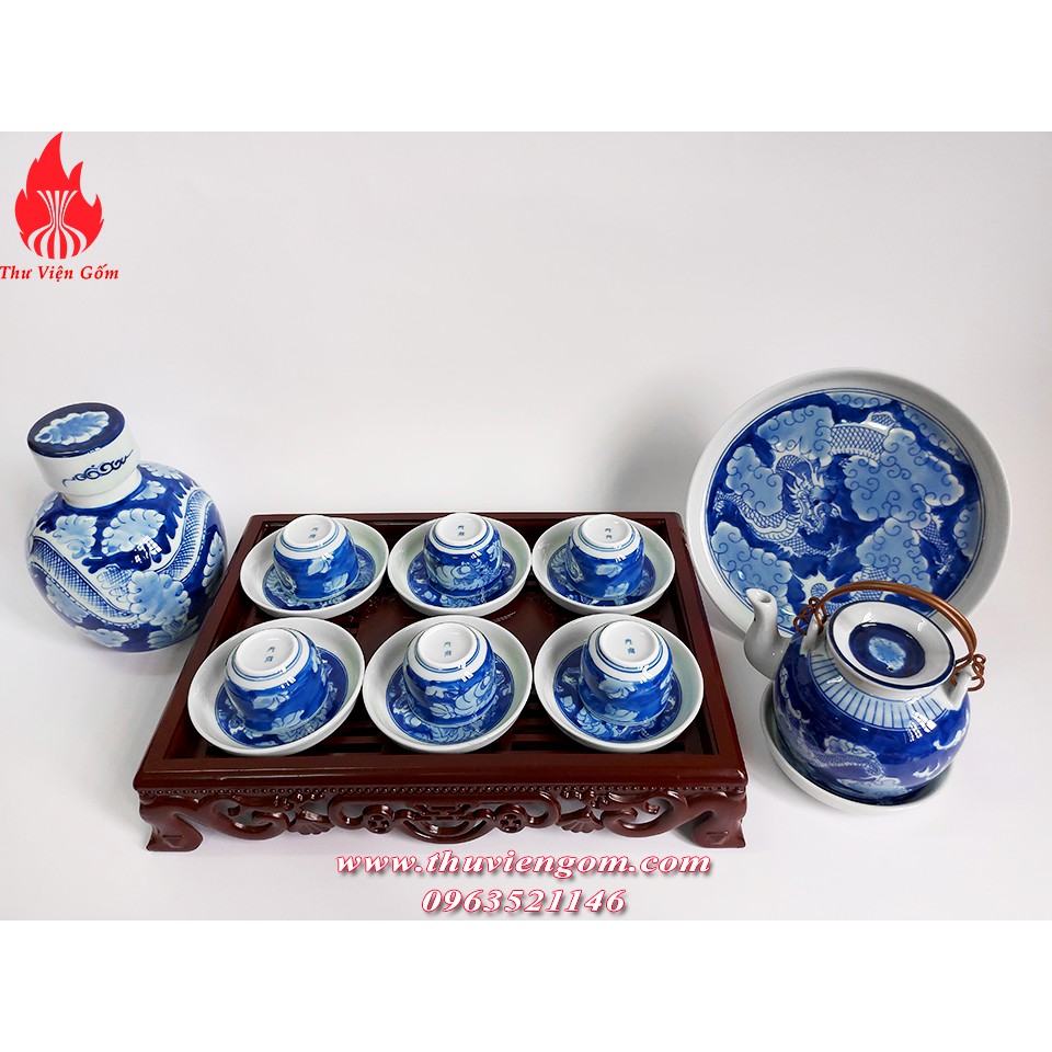 Bộ ấm chén Bát Tràng men lam vẽ long ẩn