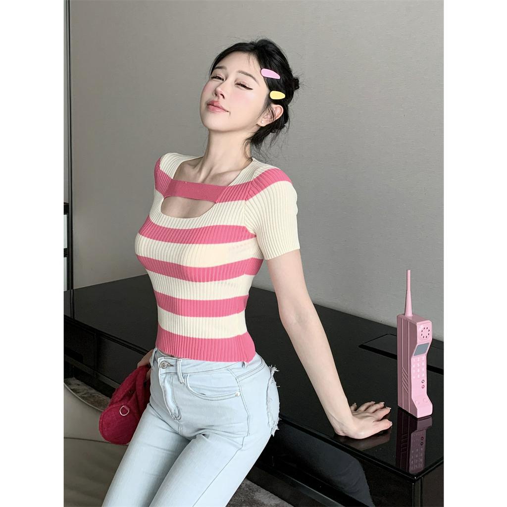 Áo Thun Ngắn Tay Cổ Vuông Họa Tiết Kẻ Sọc Thiết Kế Mới Thời Trang Mùa Hè Cho Nữ