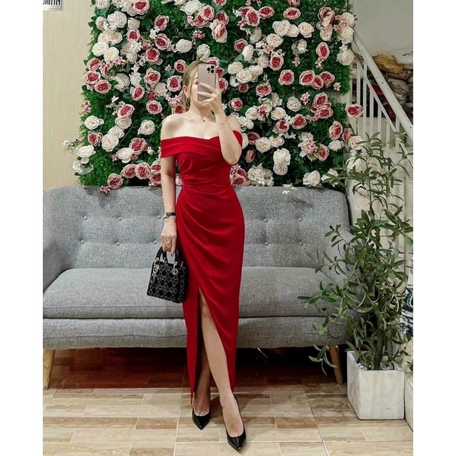 Đầm maxi bẹt vai xẻ đùi TRIPBLE T DRESS chất phi thun lụa - MS240Y