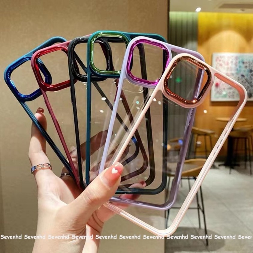 Ốp Điện Thoại Acrylic Chống Sốc Viền Mạ Màu Tím Đậm Cho iPhone 14 13 12 11 Pro Max X XR Xs Max 8 7 6 6s Plus SE 2020