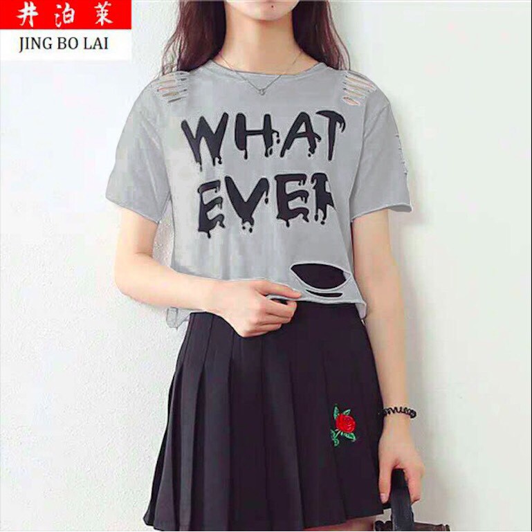 Áo Thun Form Croptop In Chữ WHAT EVER Phối Kiểu Rách Cá Tính TTSL0076