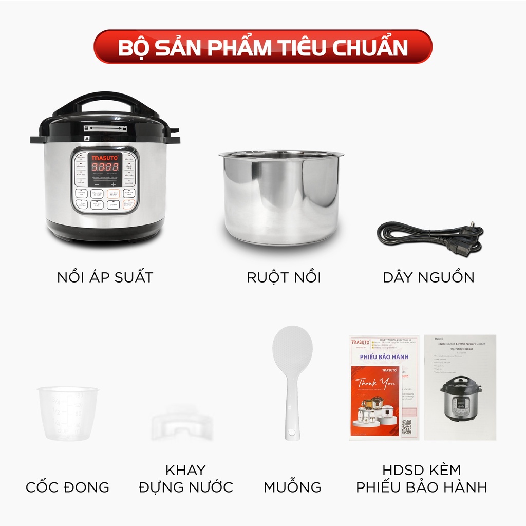 Nồi áp suất điện Masuto 6L van xả đôi tự động điều khiển cảm ứng 1 chạm phiên bản nâng cấp 2022 TẶNG CHẢO VÂN ĐÁ