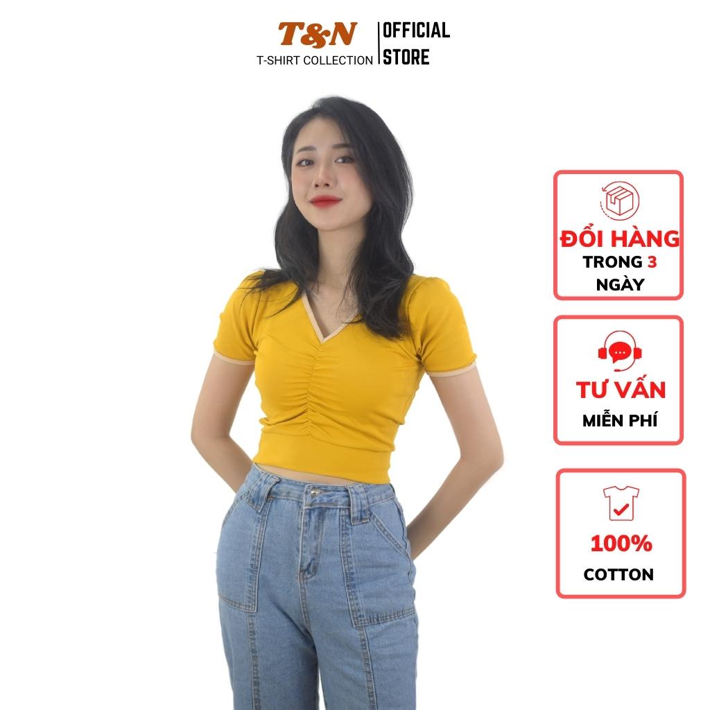 Áo croptop nữ cổ chữ V form ôm body T&amp;N TSHIRT COLLECTION, 9 màu năng động trẻ trung, vải thun Borip Cotton 100% A26150
