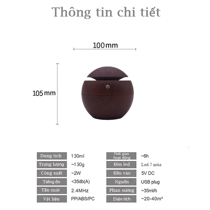 Máy Xông Tinh Dầu Vân Gỗ Hình Tròn - 130ml Sang Trọng Phun Sương Khuếch Tán Giữ Ẩm