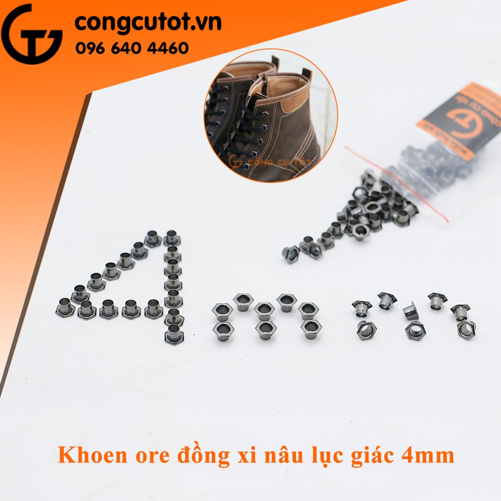 Khoen ore lục giác 4mm bằng đồng xi nâu túi 100 khoen