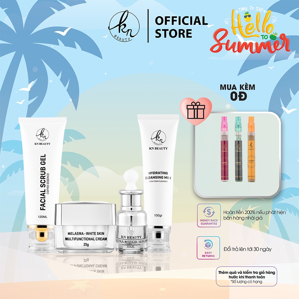 Bộ 4 sản phẩm Trắng Da Ngừa Nám KN Beauty Kem dưỡng+Serum+Tẩy tế bào chết+ sữa rửa mặt (tặng 2 nước hoa)