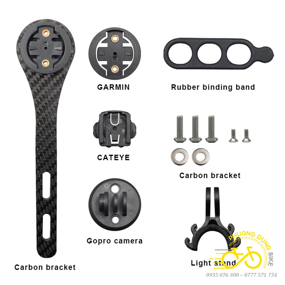 Giá carbon bắt đồng hồ Cateye, Garmin kèm giá đèn cho xe đạp