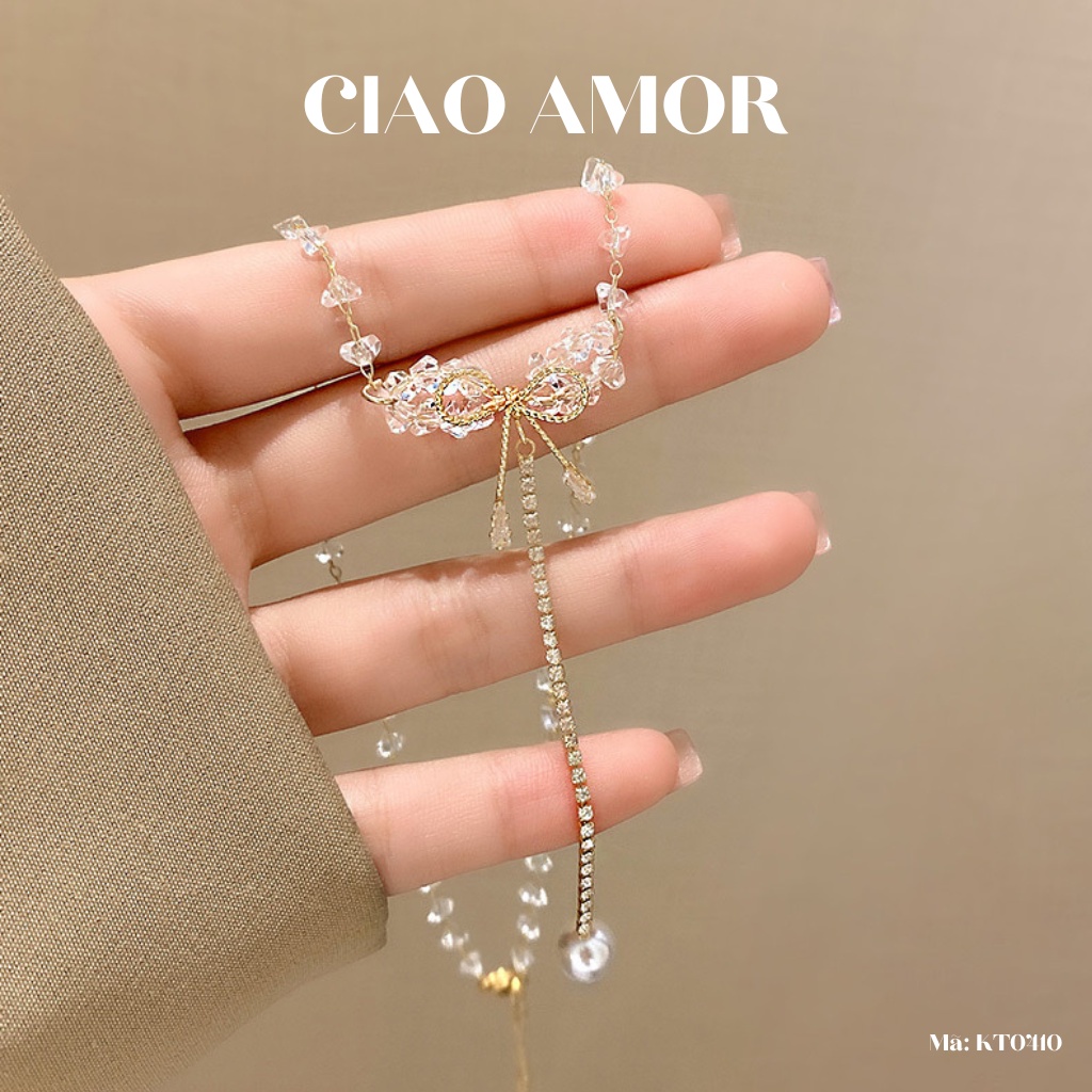 Dây chuyền nữ, Vòng cổ lấp lánh tiểu thư lấp lánh dự tiệc ngọc đính nơ dài Trang sức Ciao Amor - KT0410