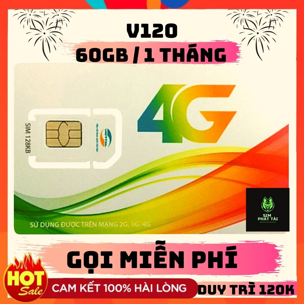 SIM 4G VIETTEL V120 DATA 60GB  - Sim Gọi Miễn Phí Nội Mạng Viettel -  Gọi miễn phí 50 phút ngoại mạng - Free tháng đầu