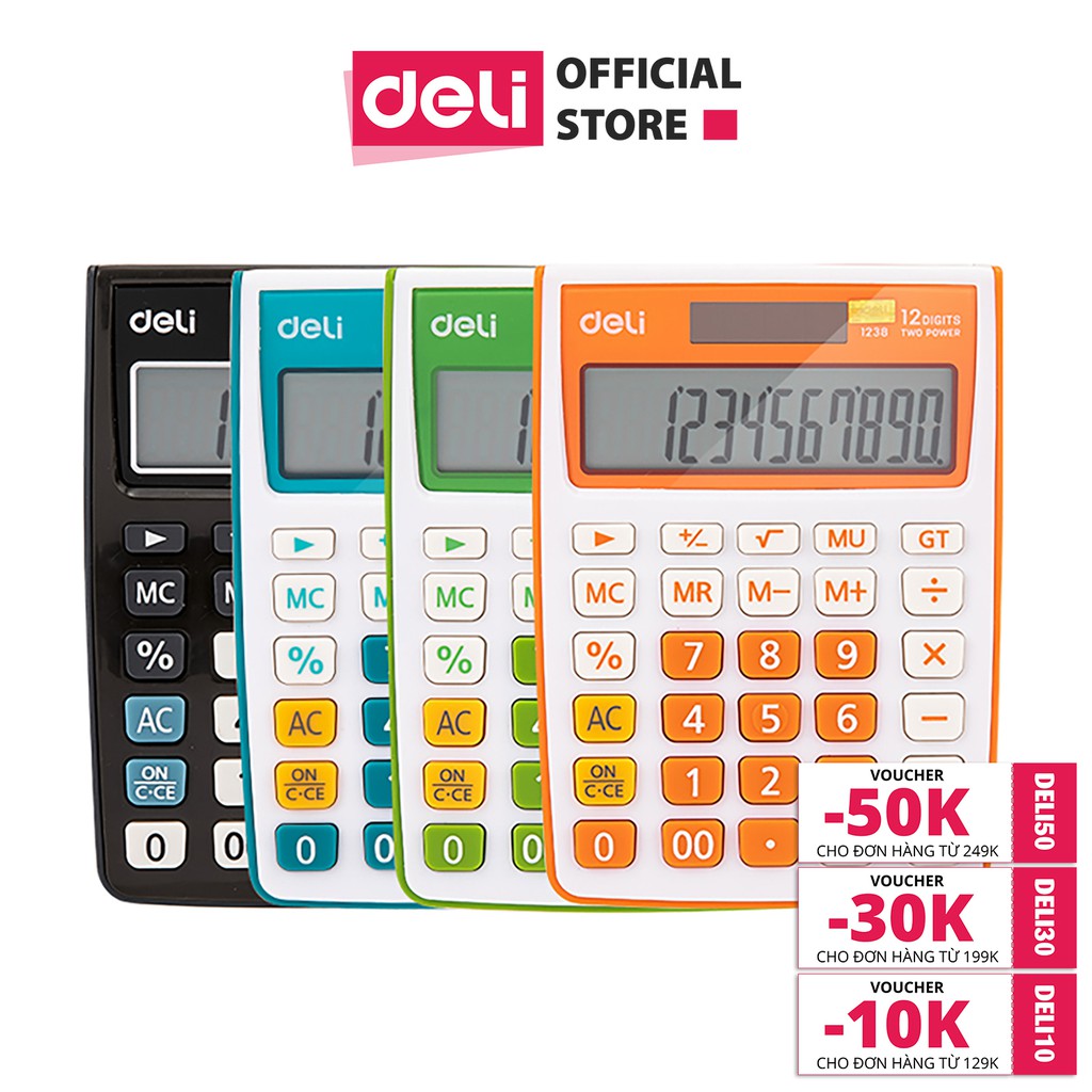 Máy tính kỹ thuật 12 số Deli, Đen, Cam, Xanh dương, Xanh lá E1238