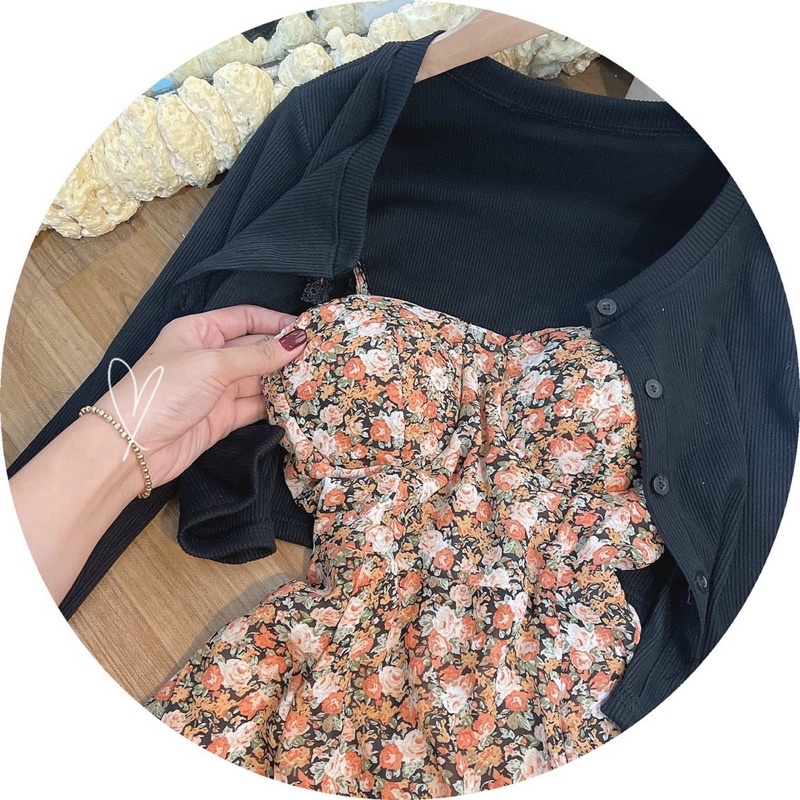 SET ĐẦM HOA CAM 2D + ÁO KHOÁC CROPTOP