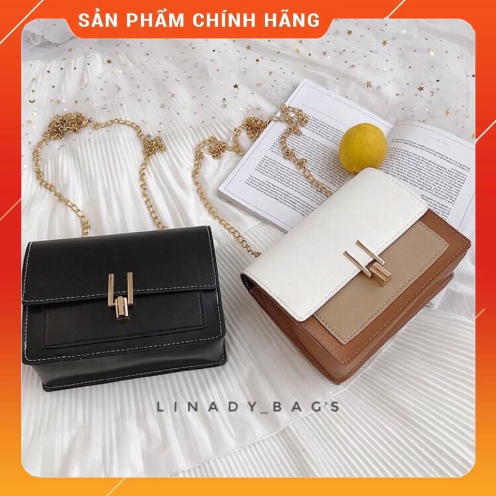 PHỤ KIỆN HOT Túi đeo chéo nữ đẹp da PU nắp lật phối màu tương phản thời trang, Túi xách nữ LINADY 4 màu sắc,kích thướ