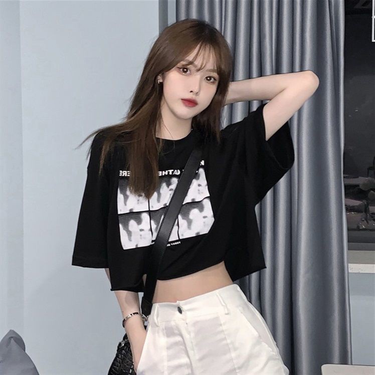 Áo Thun Ngắn Tay Dáng Rộng Eo Cao Phong Cách Hàn Quốc