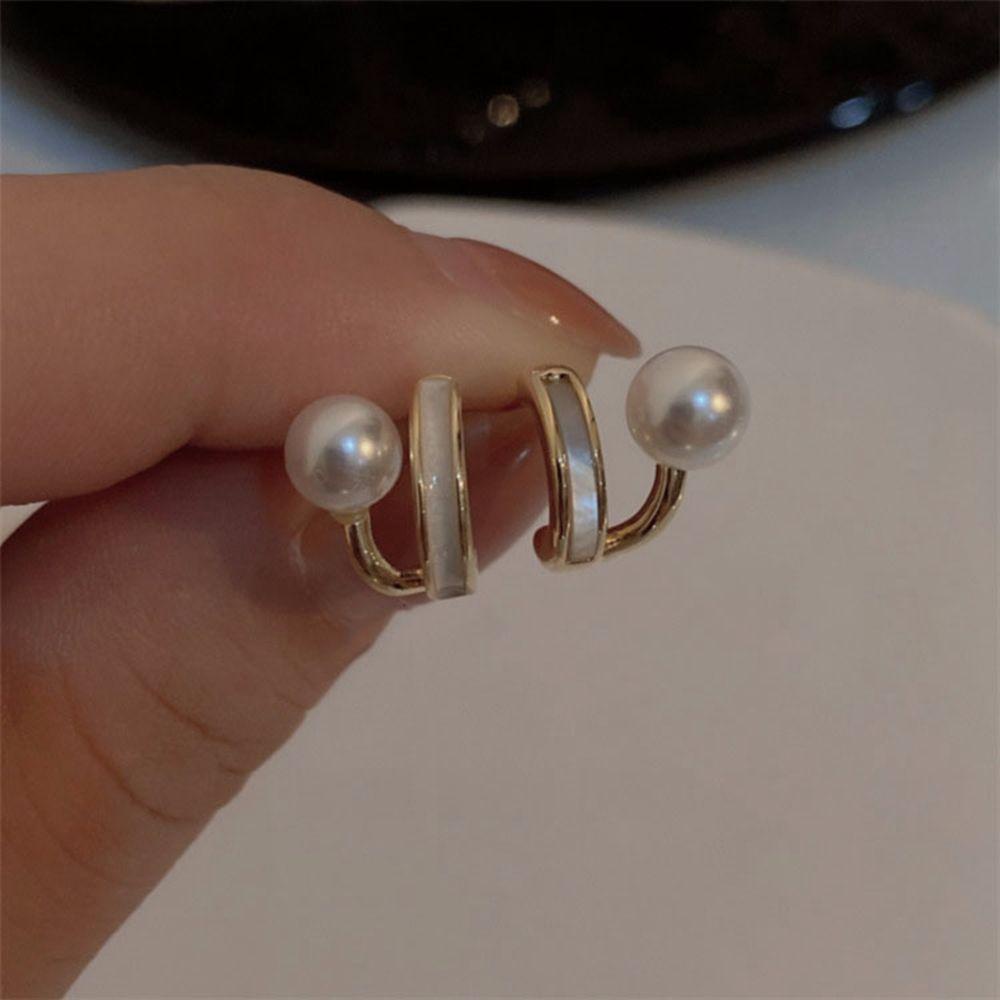 Khuyên Tai Hình Chữ C Hai Lớp Đính Ngọc Trai Tinh Tế Phong Cách Hàn Quốc