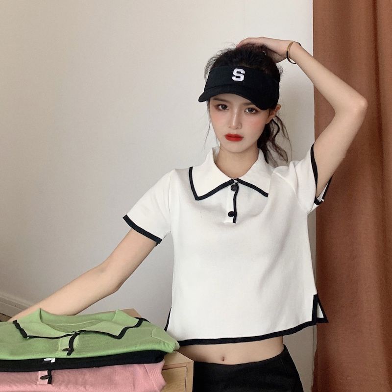 Áo Thun Dệt Kim Tay Ngắn Cổ Polo Dáng Ôm Thời Trang Mùa Hè Hàn Quốc 2022 Dành Cho Bạn Nữ