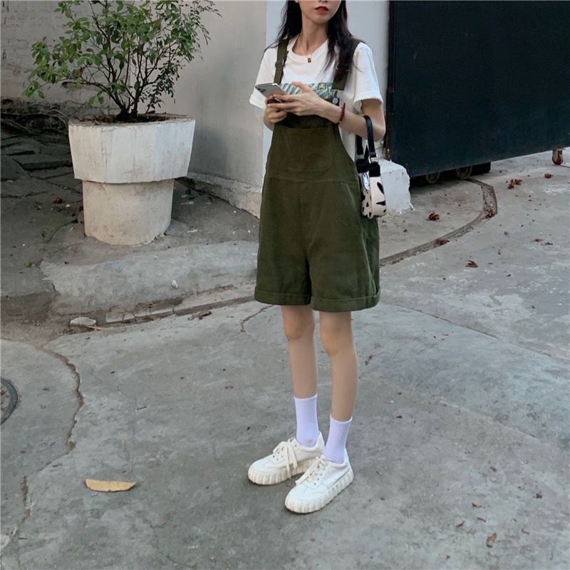 Quần yếm vải corduroy ống rộng lưng cao phong cách hoài cổ Hàn Quốc