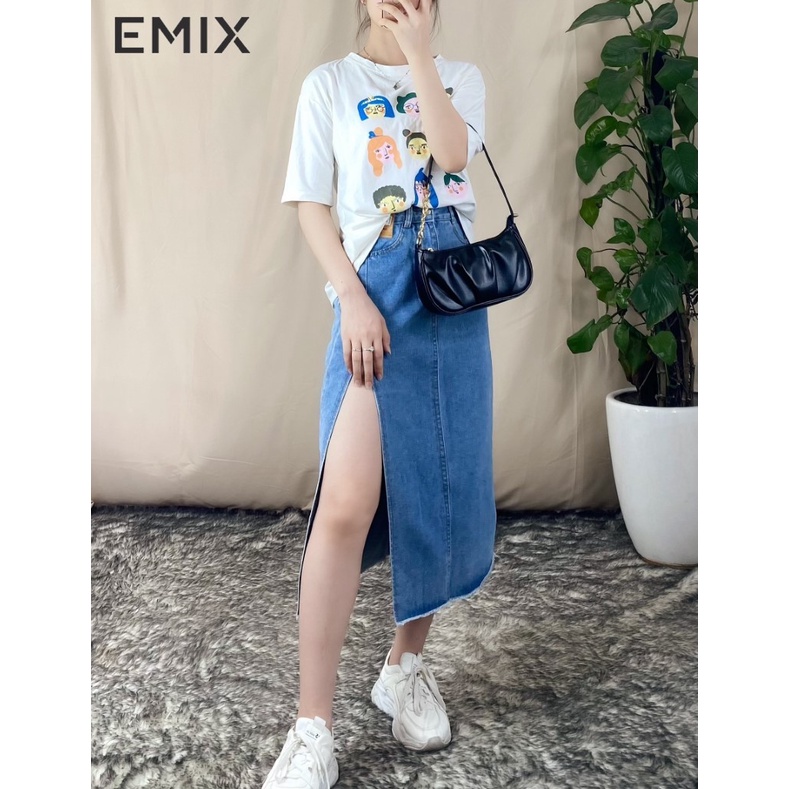 Chân váy jean xẻ chân EMIX (2 màu), dáng dài, 1 lớp, cạp cao, dài 78cm, chất jean mềm mịn đứng dáng, xẻ chân cuốn hút