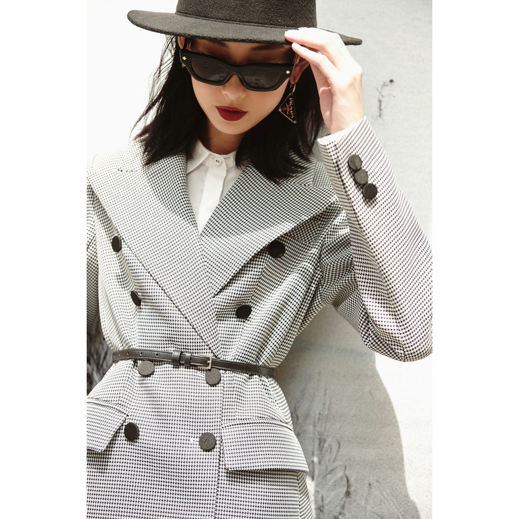 Áo blazer tuxedo houndstooth HUONG BOUTIQUE HBVEST146 dáng dài, họa tiết nanh sói